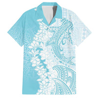 Polynesian Turquoise Plumeria Lei Family Matching Off Shoulder Short Dress and Hawaiian Shirt with Hammerhead Shark