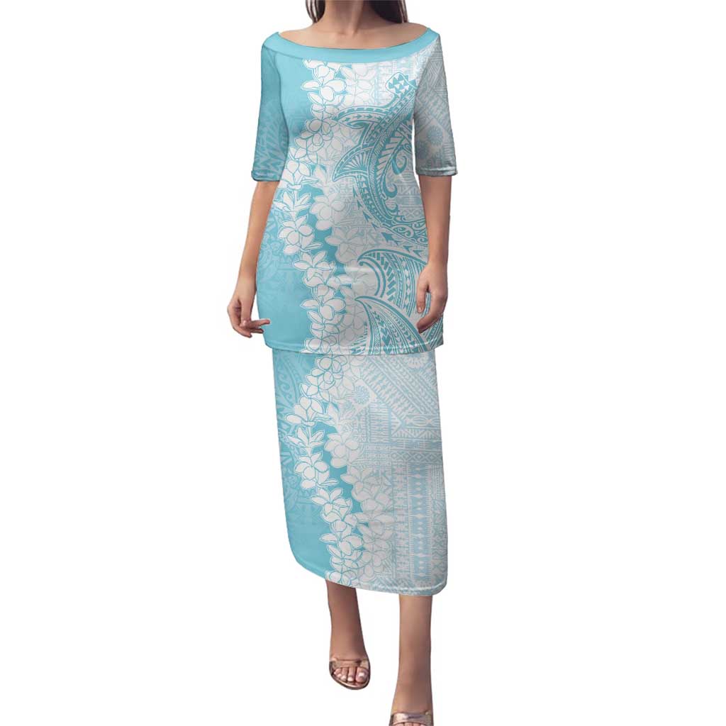 Polynesian Turquoise Plumeria Lei Family Matching Puletasi and Hawaiian Shirt with Hammerhead Shark