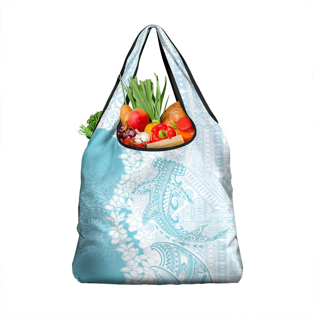 Polynesian Turquoise Plumeria Lei Grocery Bag with Hammerhead Shark
