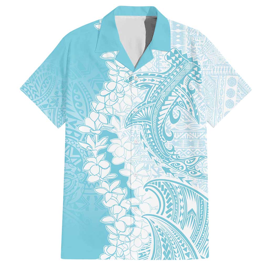 Polynesian Turquoise Plumeria Lei Hawaiian Shirt with Hammerhead Shark