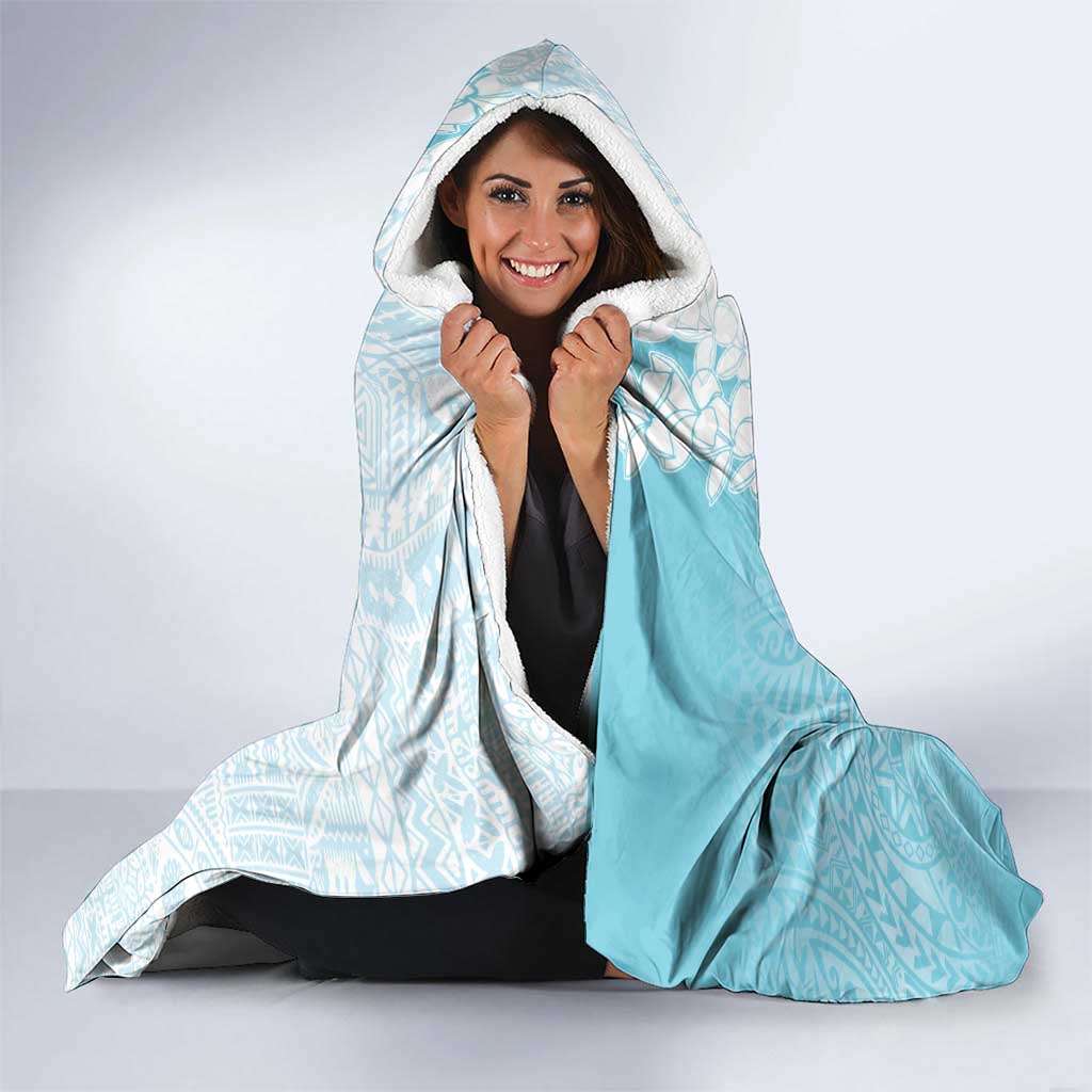 Polynesian Turquoise Plumeria Lei Hooded Blanket with Hammerhead Shark