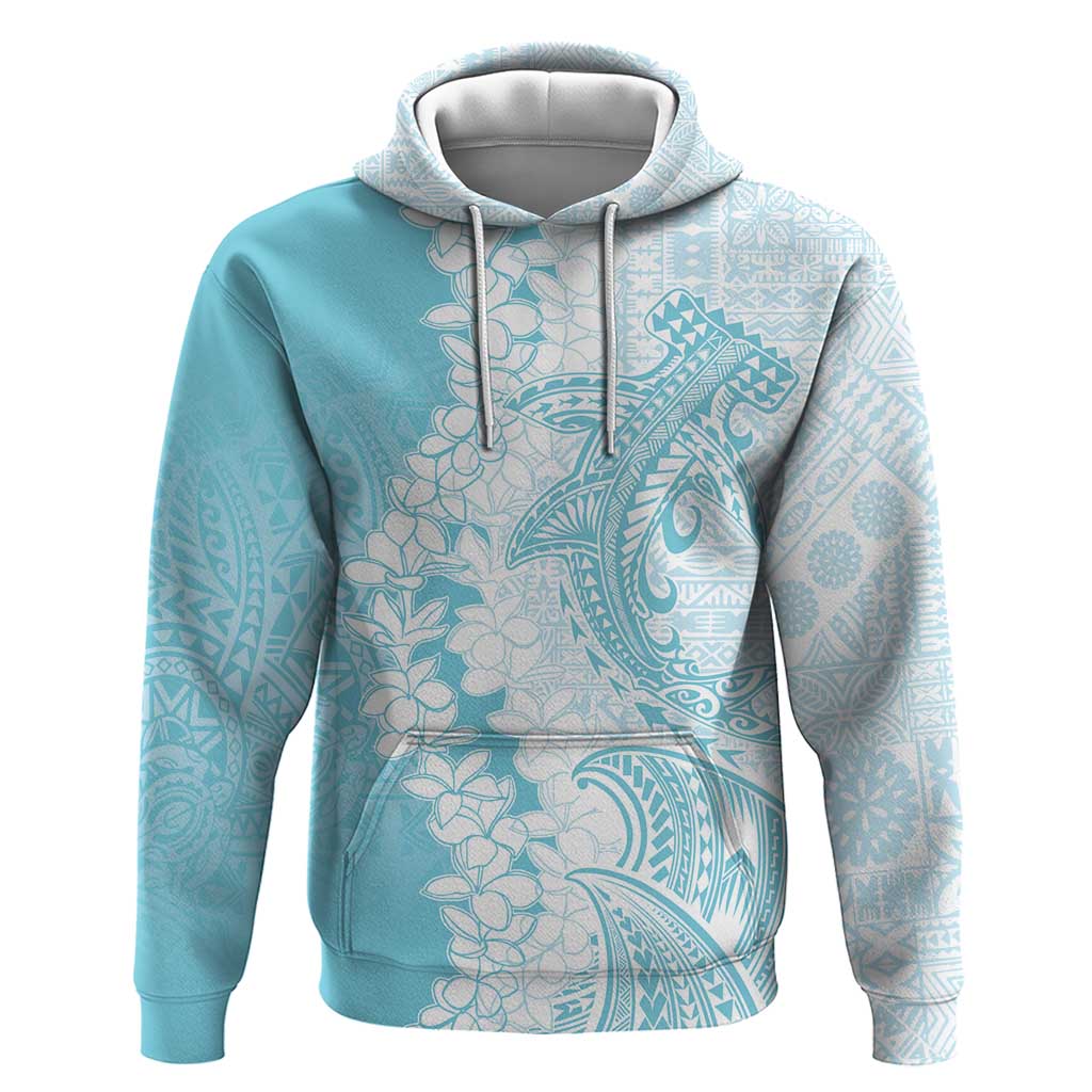 Polynesian Turquoise Plumeria Lei Hoodie with Hammerhead Shark