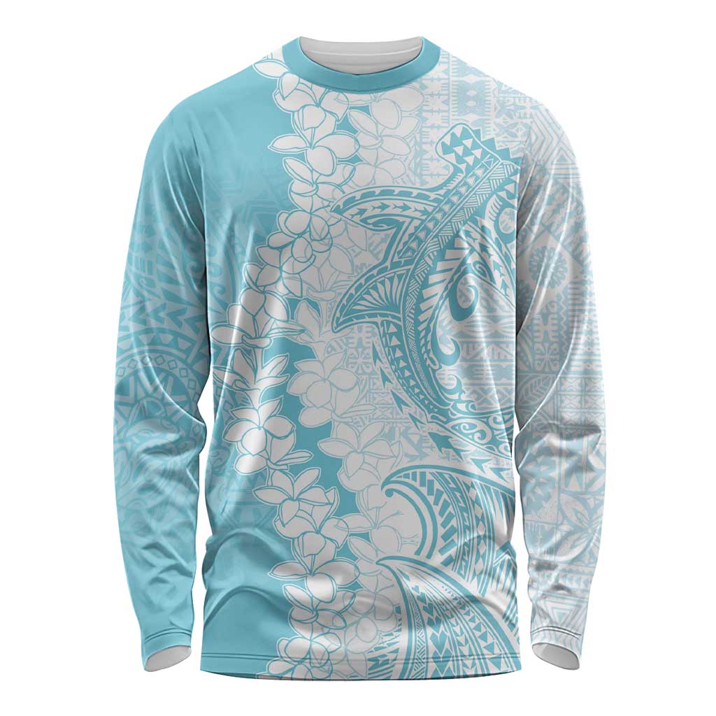 Polynesian Turquoise Plumeria Lei Long Sleeve Shirt with Hammerhead Shark