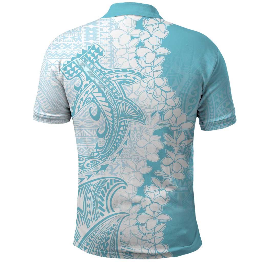 Polynesian Turquoise Plumeria Lei Polo Shirt with Hammerhead Shark