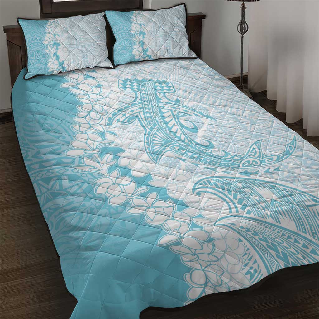 Polynesian Turquoise Plumeria Lei Quilt Bed Set with Hammerhead Shark