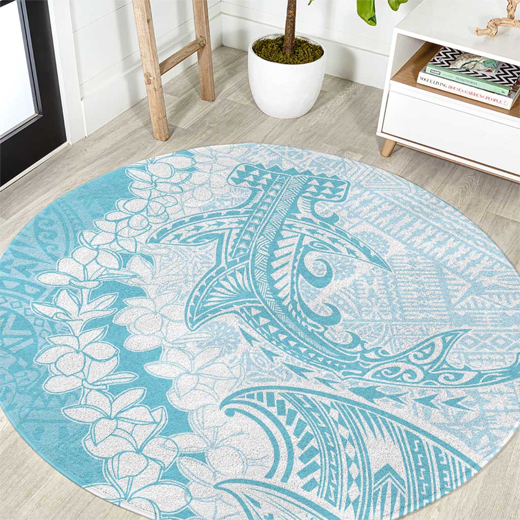 Polynesian Turquoise Plumeria Lei Round Carpet with Hammerhead Shark