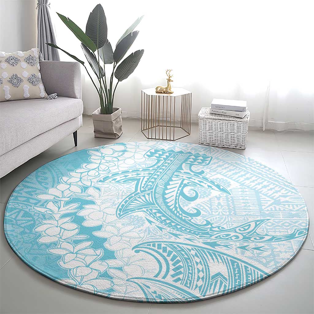 Polynesian Turquoise Plumeria Lei Round Carpet with Hammerhead Shark