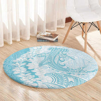 Polynesian Turquoise Plumeria Lei Round Carpet with Hammerhead Shark