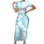 Polynesian Turquoise Plumeria Lei Short Sleeve Bodycon Dress with Hammerhead Shark