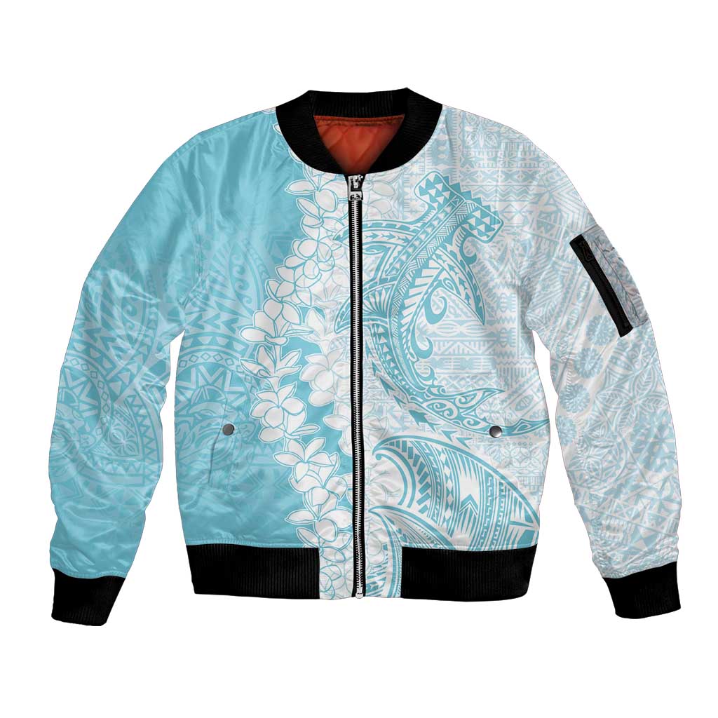 Polynesian Turquoise Plumeria Lei Sleeve Zip Bomber Jacket with Hammerhead Shark