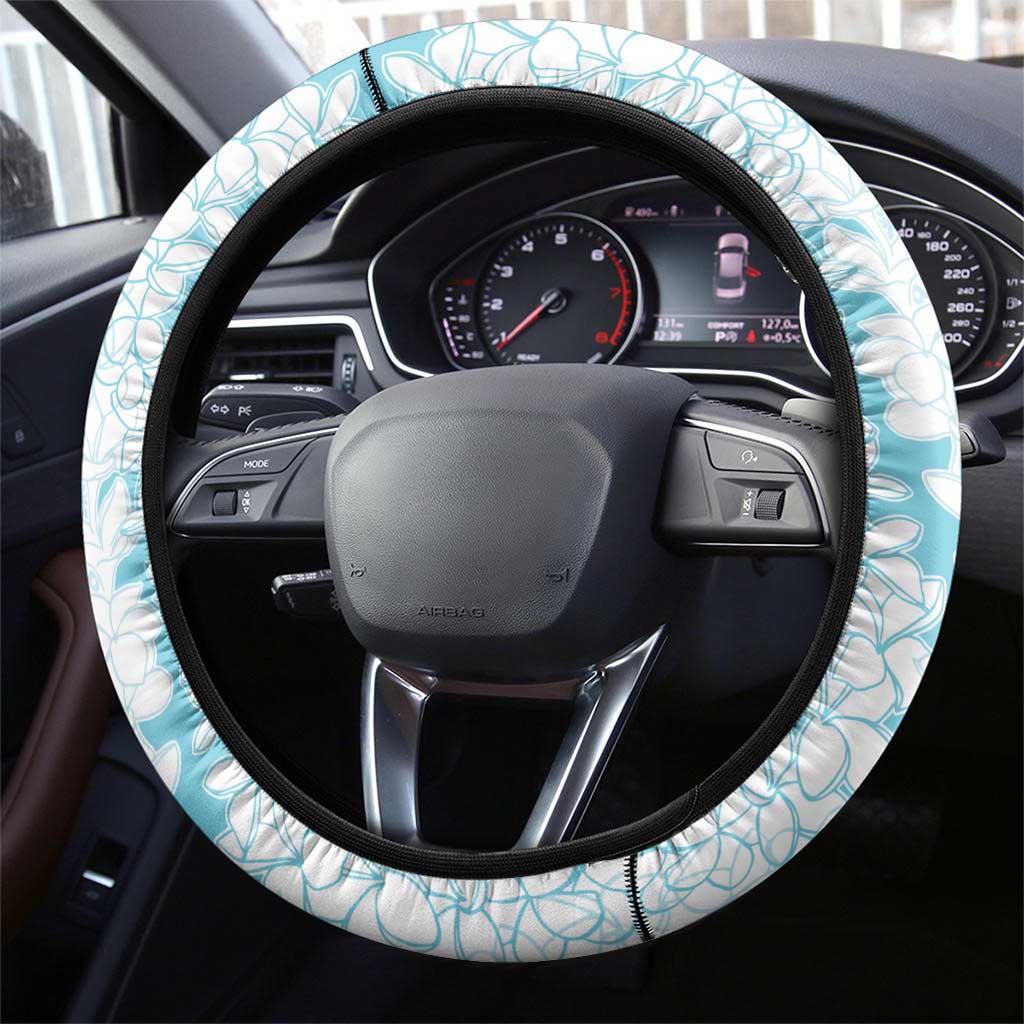 Polynesian Turquoise Plumeria Lei Steering Wheel Cover with Hammerhead Shark