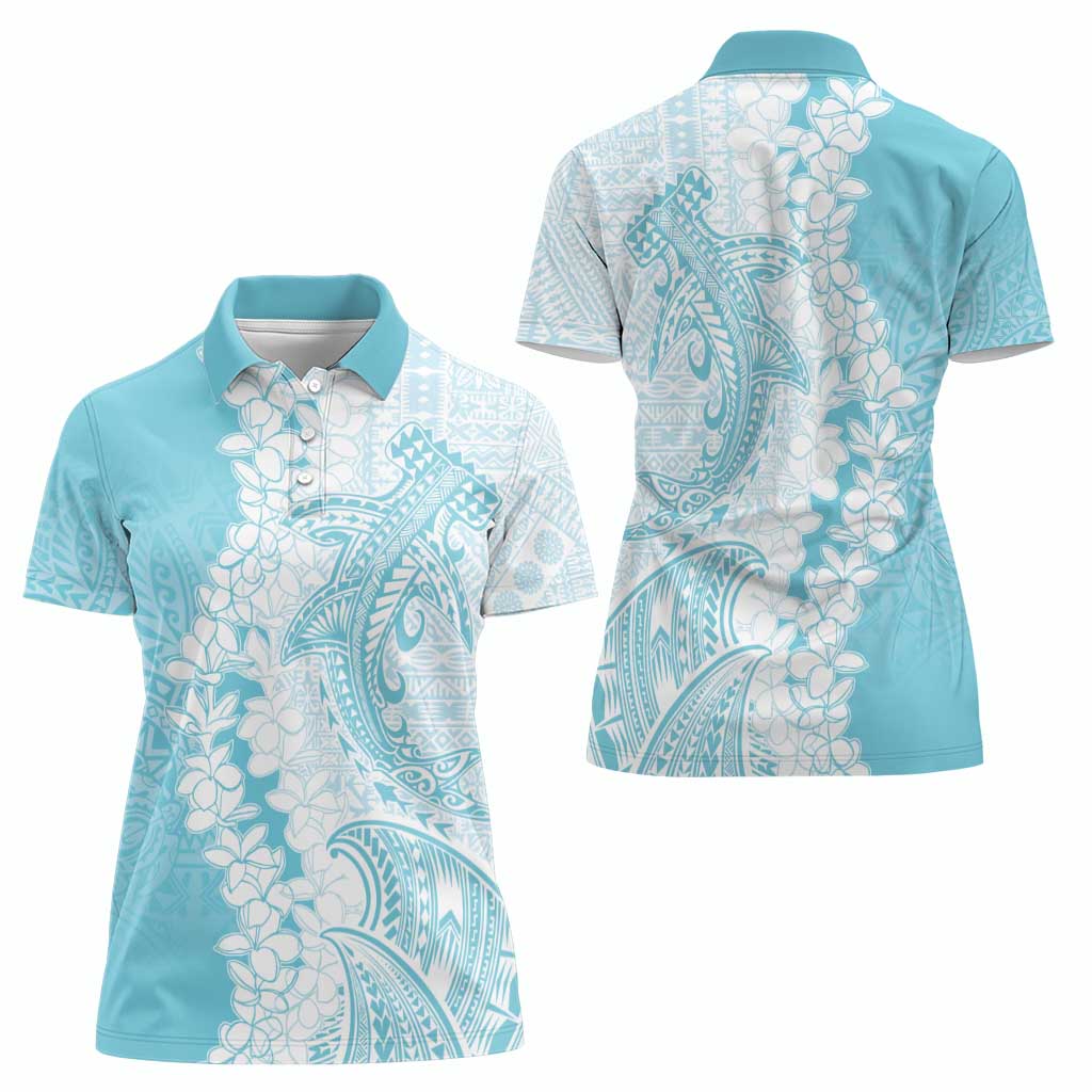 Polynesian Turquoise Plumeria Lei Women Polo Shirt with Hammerhead Shark