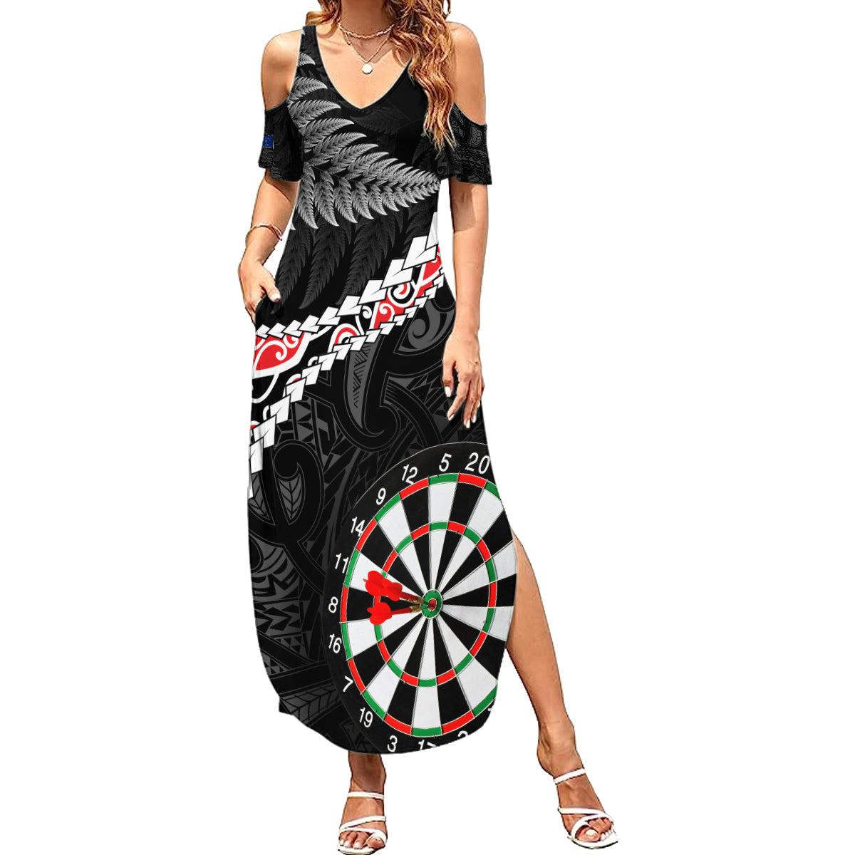 Personalised New Zealand Darts Summer Maxi Dress Maori Manaia LT7 Women Black - Polynesian Pride