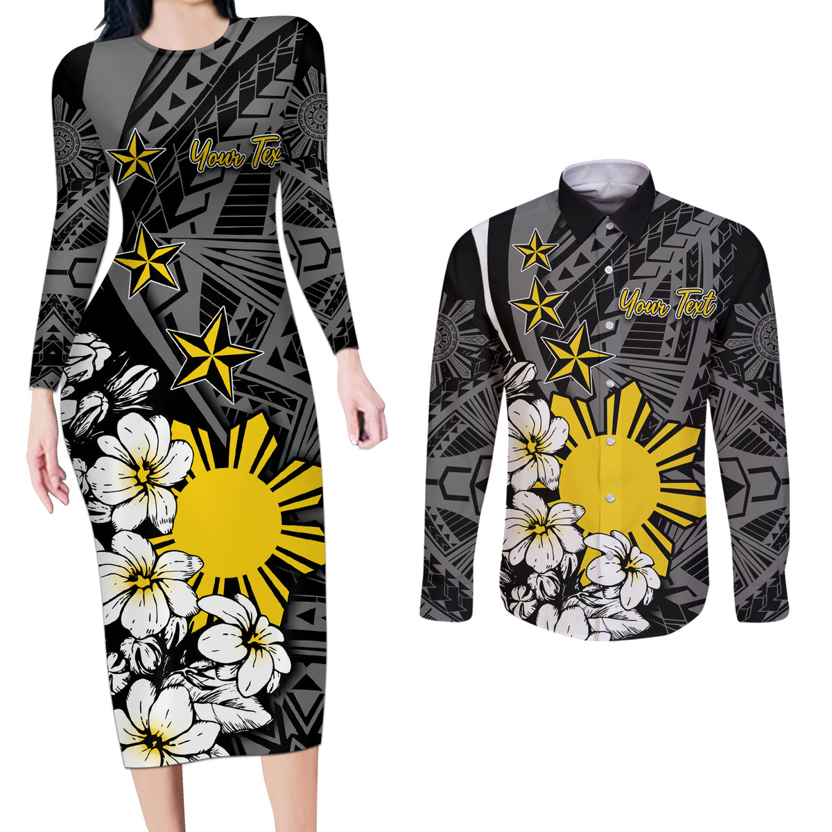 Philippines Sampaguita Personalised Couples Matching Long Sleeve Bodycon Dress and Long Sleeve Button Shirt Women's Day LT7 Black - Polynesian Pride