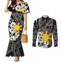 Philippines Sampaguita Personalised Couples Matching Mermaid Dress and Long Sleeve Button Shirt Women's Day LT7 Black - Polynesian Pride