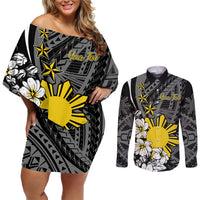 Philippines Sampaguita Personalised Couples Matching Off Shoulder Short Dress and Long Sleeve Button Shirt Women's Day LT7 Black - Polynesian Pride