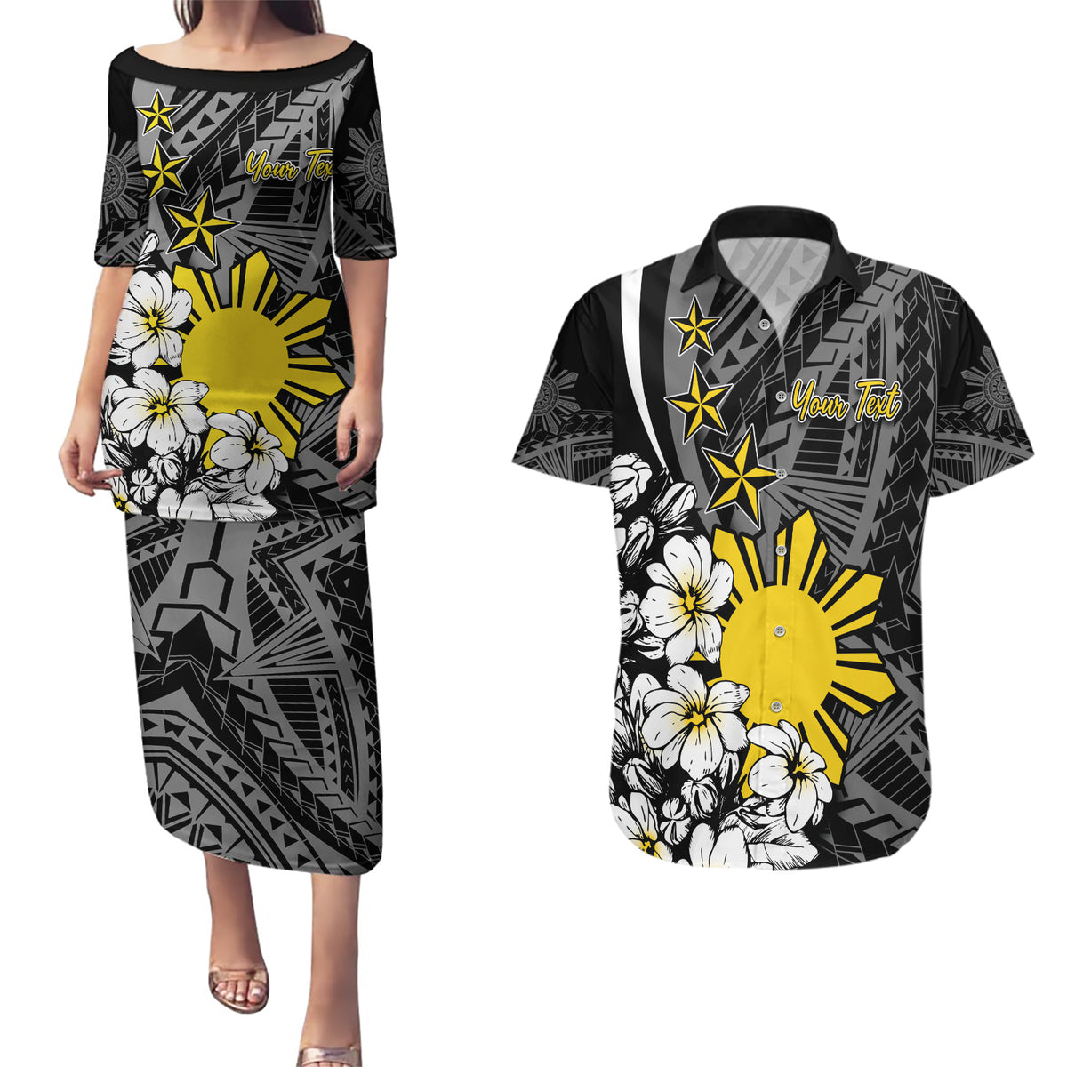 Philippines Sampaguita Personalised Couples Matching Puletasi and Hawaiian Shirt Women's Day LT7 Black - Polynesian Pride