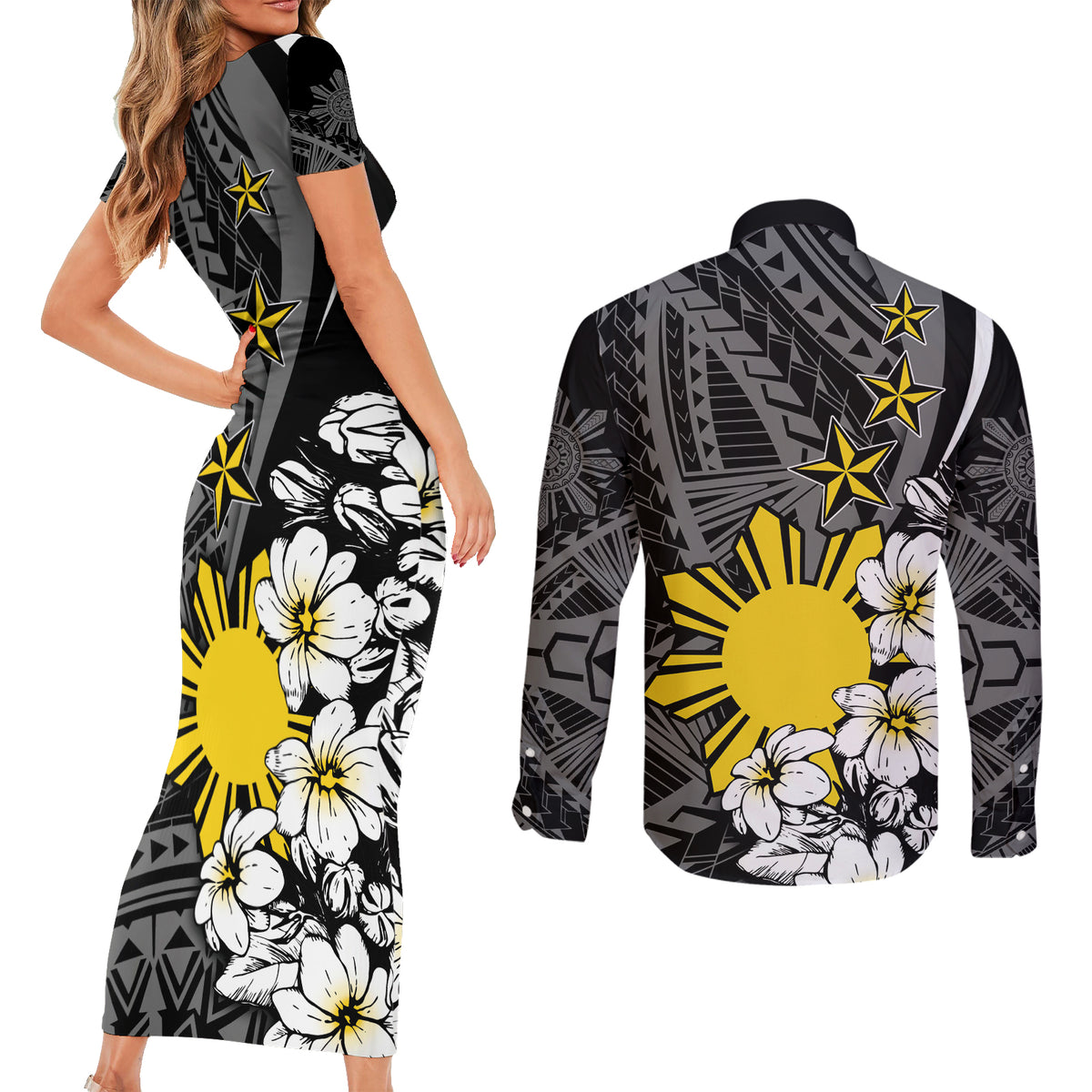 Philippines Sampaguita Personalised Couples Matching Short Sleeve Bodycon Dress and Long Sleeve Button Shirt Women's Day LT7 - Polynesian Pride
