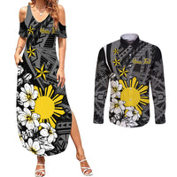 Philippines Sampaguita Personalised Couples Matching Summer Maxi Dress and Long Sleeve Button Shirt Women's Day LT7 Black - Polynesian Pride