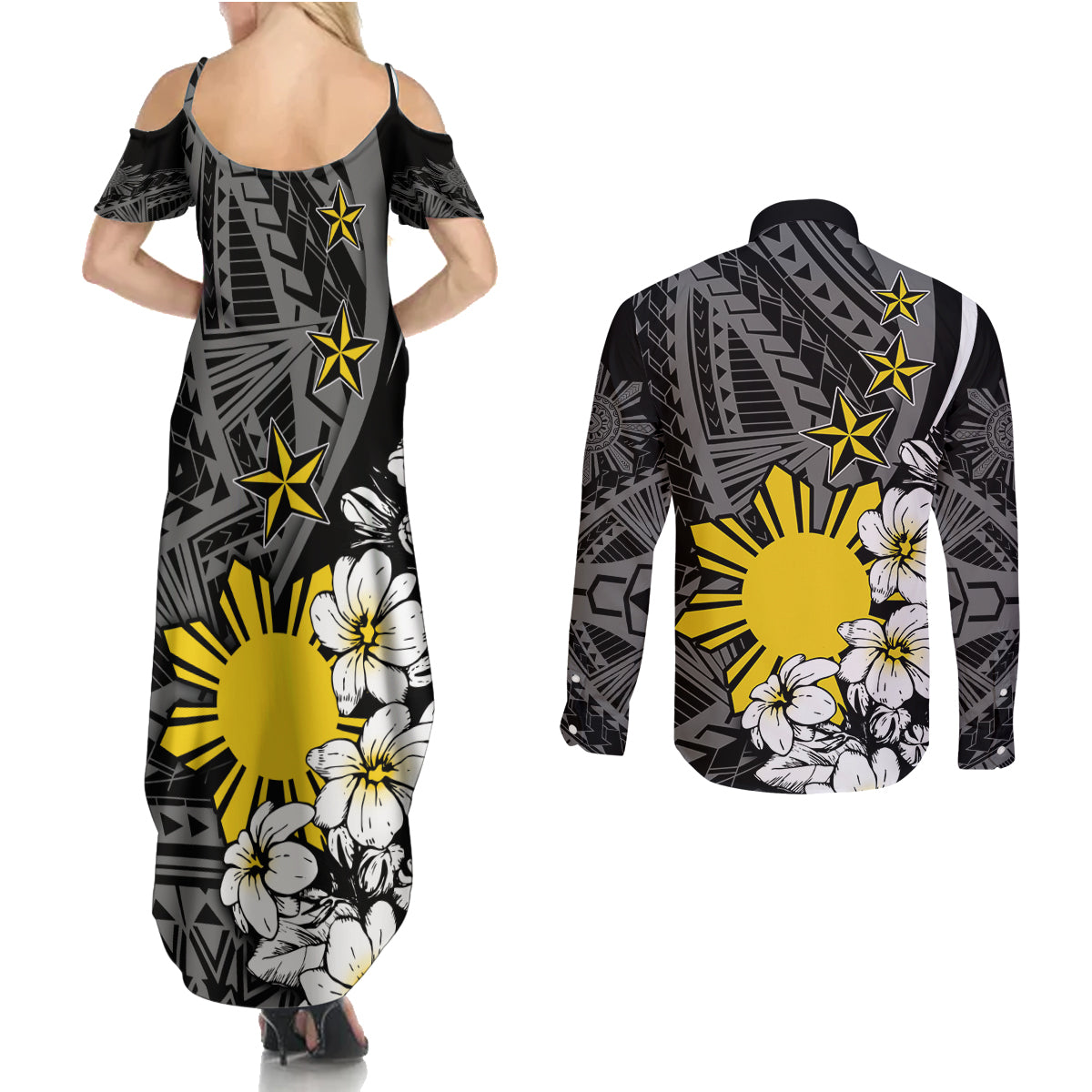 Philippines Sampaguita Personalised Couples Matching Summer Maxi Dress and Long Sleeve Button Shirt Women's Day LT7 - Polynesian Pride