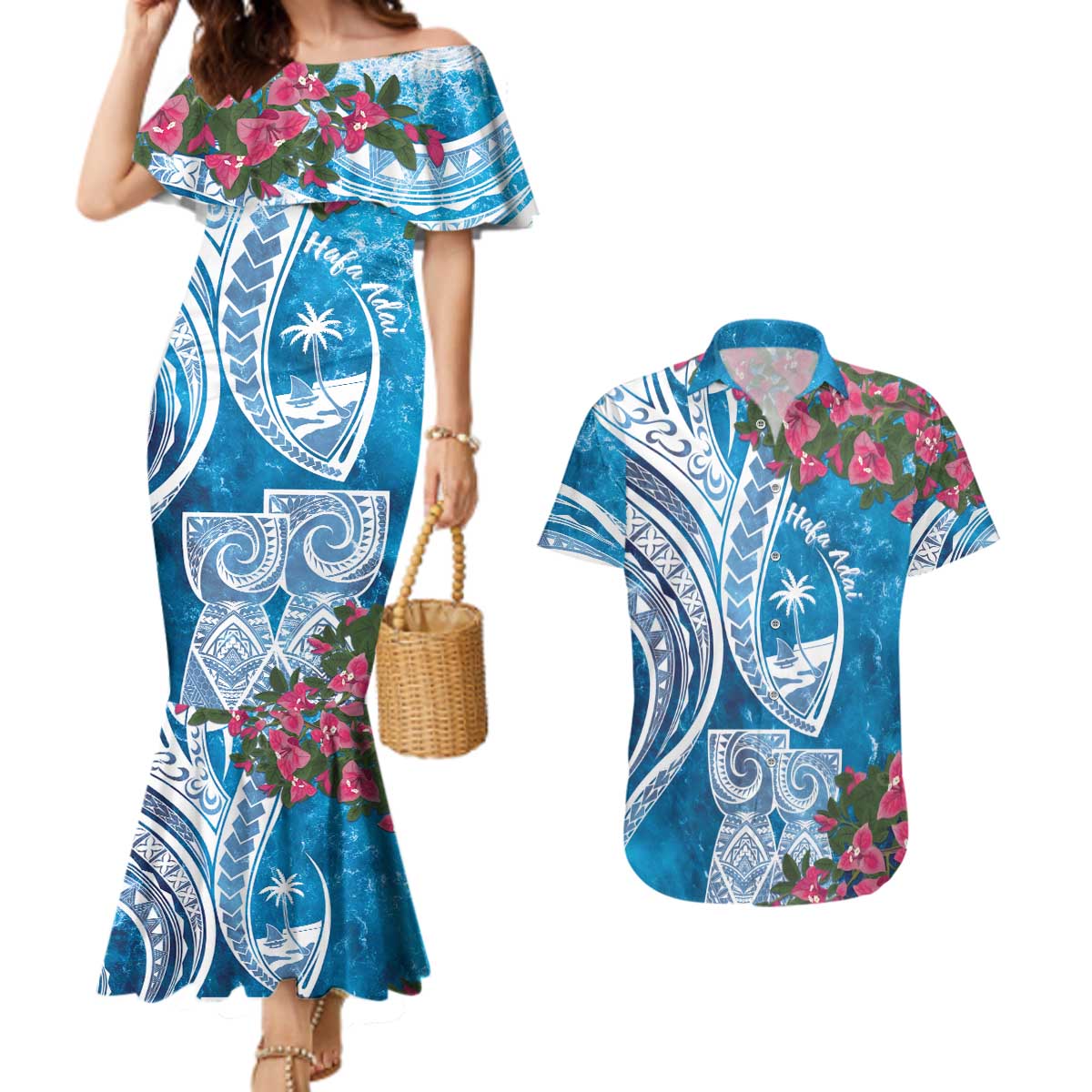 Hafa Adai Guam Couples Matching Mermaid Dress and Hawaiian Shirt Crystal Waves