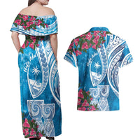 Hafa Adai Guam Couples Matching Off Shoulder Maxi Dress and Hawaiian Shirt Crystal Waves