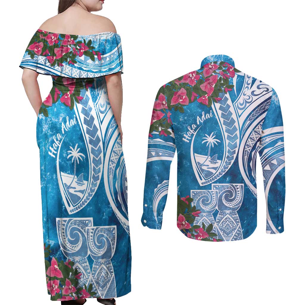 Hafa Adai Guam Couples Matching Off Shoulder Maxi Dress and Long Sleeve Button Shirt Crystal Waves