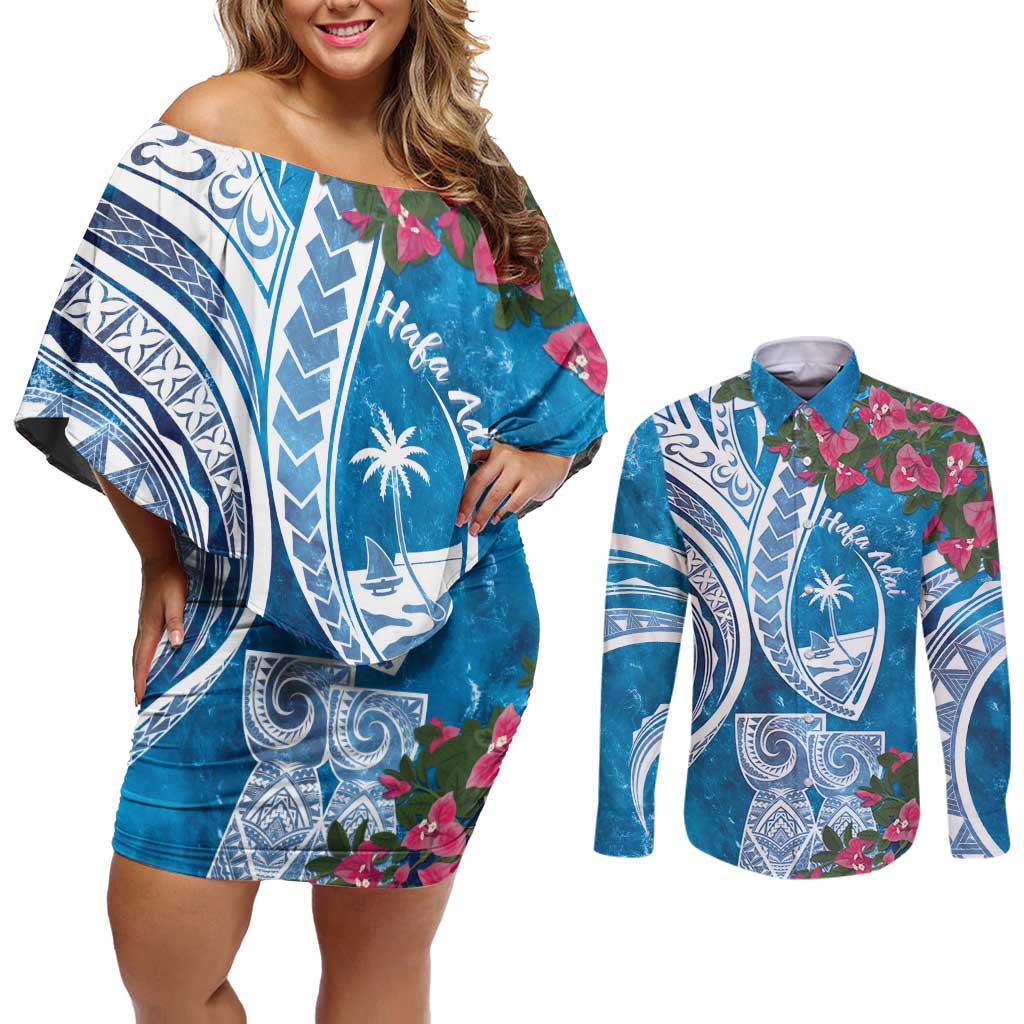 Hafa Adai Guam Couples Matching Off Shoulder Short Dress and Long Sleeve Button Shirt Crystal Waves