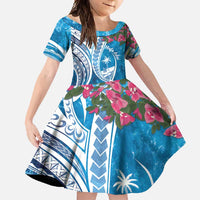 Hafa Adai Guam Family Matching Long Sleeve Bodycon Dress and Hawaiian Shirt Crystal Waves LT7 Daughter's Dress Blue - Polynesian Pride