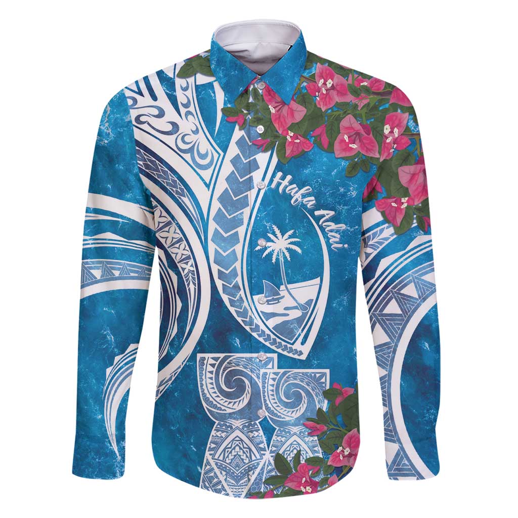 Hafa Adai Guam Family Matching Long Sleeve Bodycon Dress and Hawaiian Shirt Crystal Waves LT7 Dad's Shirt - Long Sleeve Blue - Polynesian Pride