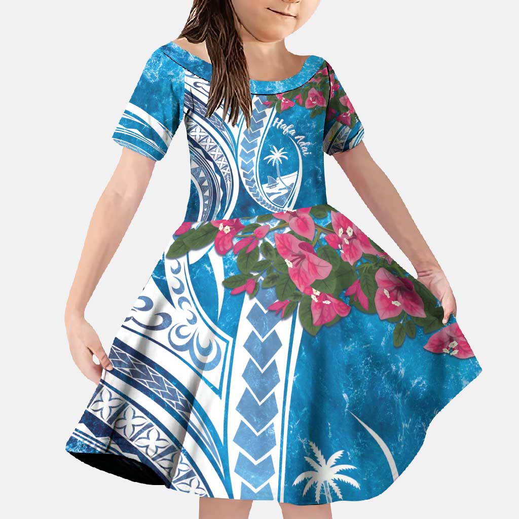 Hafa Adai Guam Family Matching Short Sleeve Bodycon Dress and Hawaiian Shirt Crystal Waves LT7 Daughter's Dress Blue - Polynesian Pride