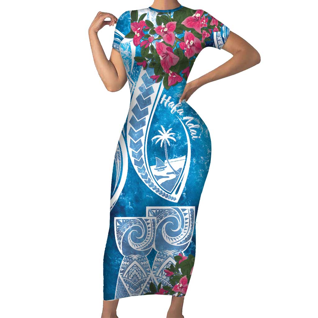 Hafa Adai Guam Family Matching Short Sleeve Bodycon Dress and Hawaiian Shirt Crystal Waves LT7 Mom's Dress Blue - Polynesian Pride
