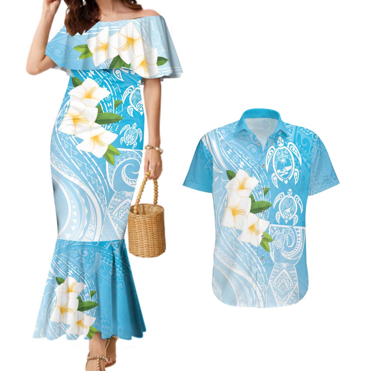 Personalized Guam Chamorro Couples Matching Mermaid Dress and Hawaiian Shirt Turtles and Guasali Flowers