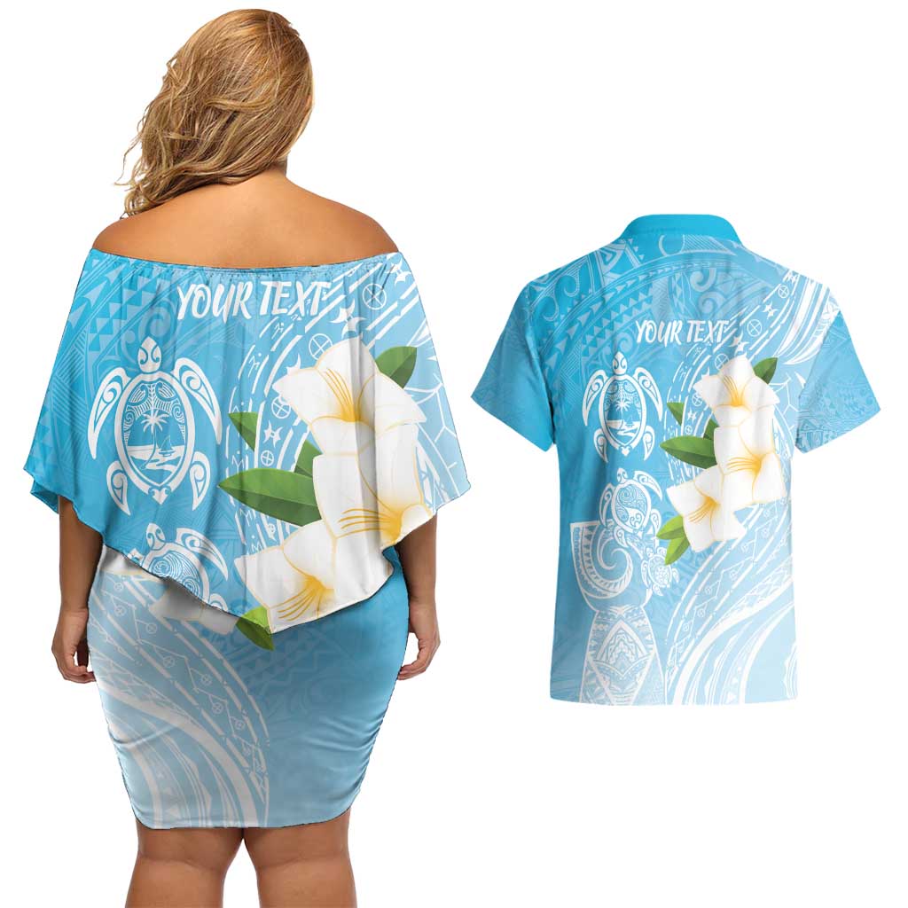 Personalized Guam Chamorro Couples Matching Off Shoulder Short Dress and Hawaiian Shirt Turtles and Guasali Flowers