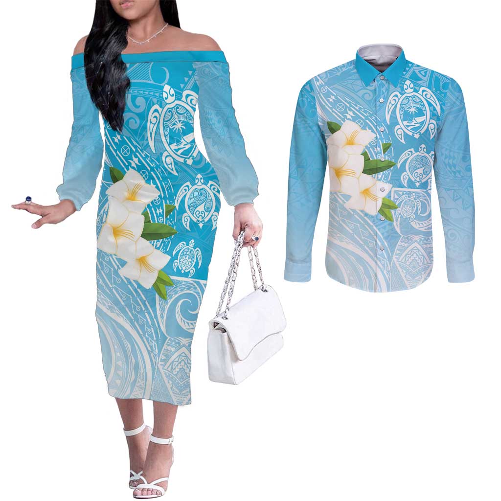 Personalized Guam Chamorro Couples Matching Off The Shoulder Long Sleeve Dress and Long Sleeve Button Shirt Turtles and Guasali Flowers