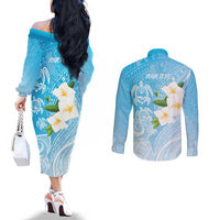 Personalized Guam Chamorro Couples Matching Off The Shoulder Long Sleeve Dress and Long Sleeve Button Shirt Turtles and Guasali Flowers