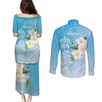 Personalized Guam Chamorro Couples Matching Puletasi and Long Sleeve Button Shirt Turtles and Guasali Flowers