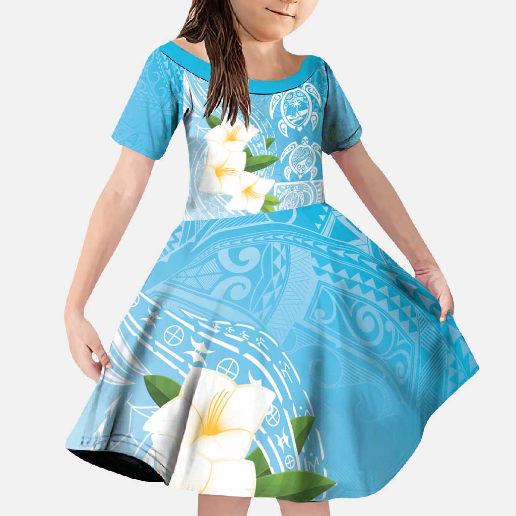 Personalized Guam Chamorro Family Matching Short Sleeve Bodycon Dress and Hawaiian Shirt Turtles and Guasali Flowers LT7 Daughter's Dress Turquoise - Polynesian Pride