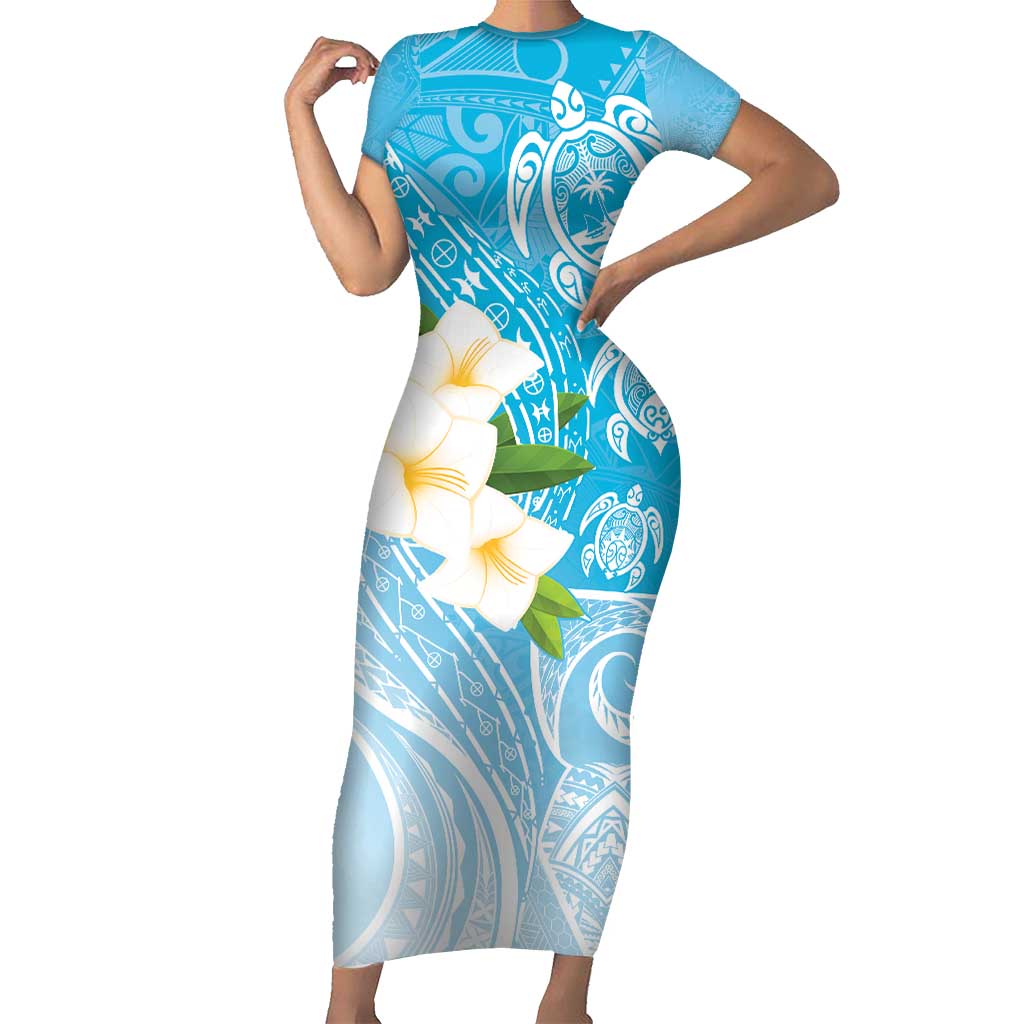 Personalized Guam Chamorro Short Sleeve Bodycon Dress Turtles and Guasali Flowers LT7 Long Dress Turquoise - Polynesian Pride