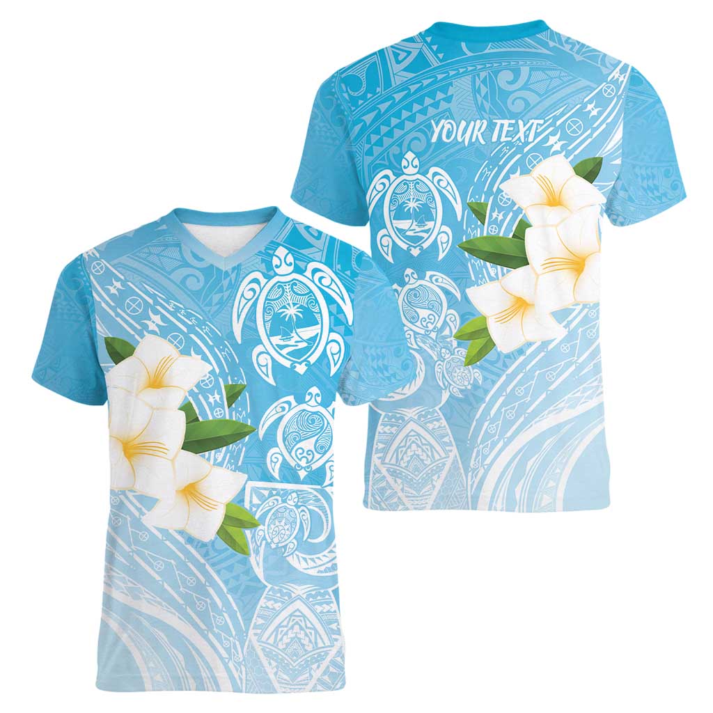 Personalized Guam Chamorro Women V-Neck T-Shirt Turtles and Guasali Flowers