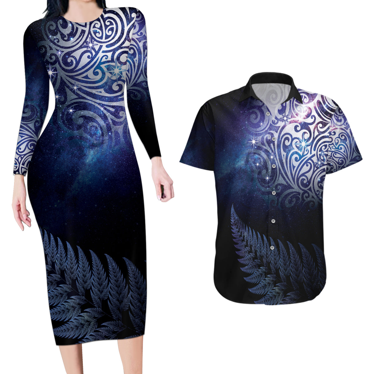 New Zealand Aotearoa Matariki Couples Matching Long Sleeve Bodycon Dress and Hawaiian Shirt Starry Silver Fern LT7 Galaxy - Polynesian Pride