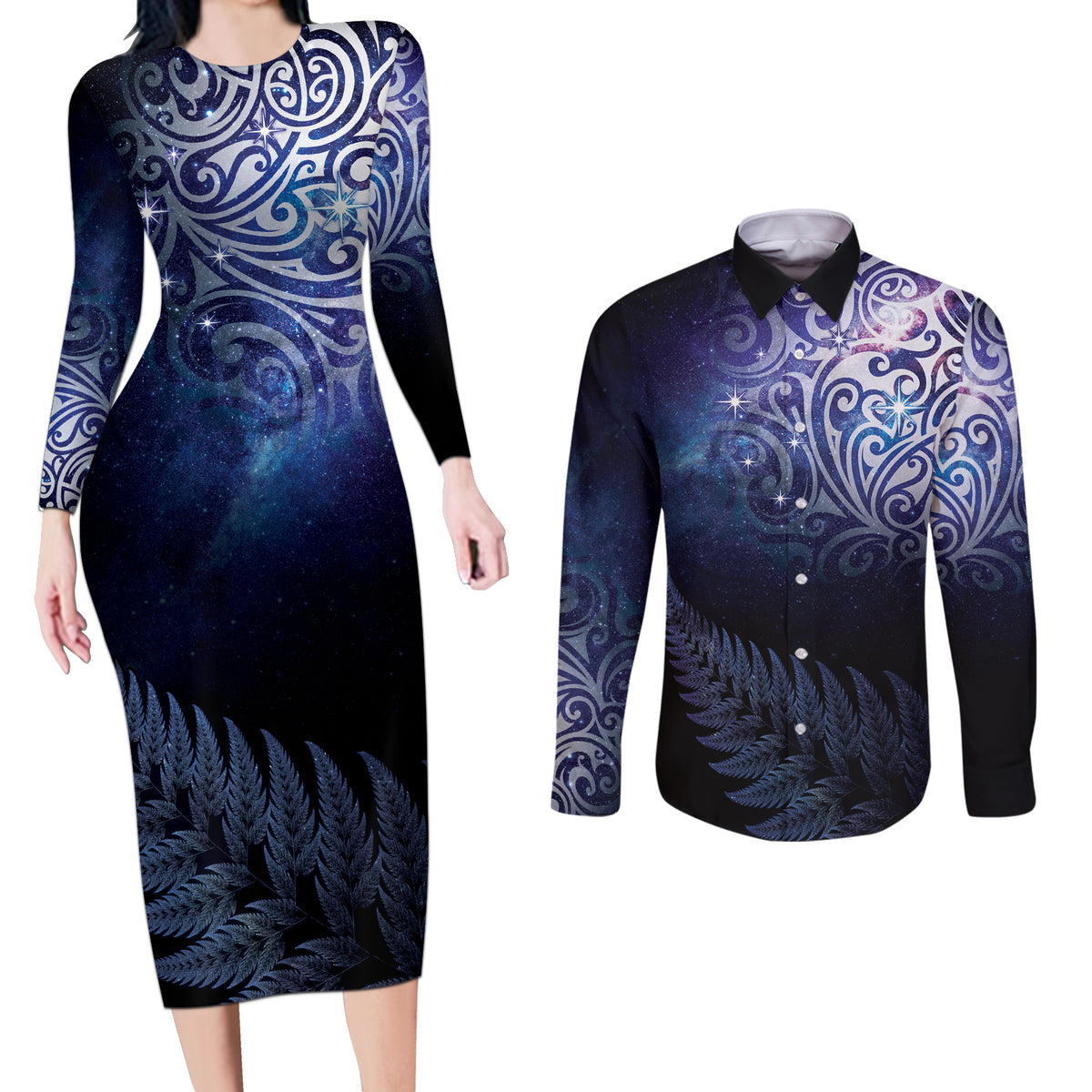 New Zealand Aotearoa Matariki Couples Matching Long Sleeve Bodycon Dress and Long Sleeve Button Shirt Starry Silver Fern LT7 Galaxy - Polynesian Pride