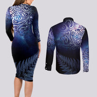 New Zealand Aotearoa Matariki Couples Matching Long Sleeve Bodycon Dress and Long Sleeve Button Shirt Starry Silver Fern LT7 - Polynesian Pride