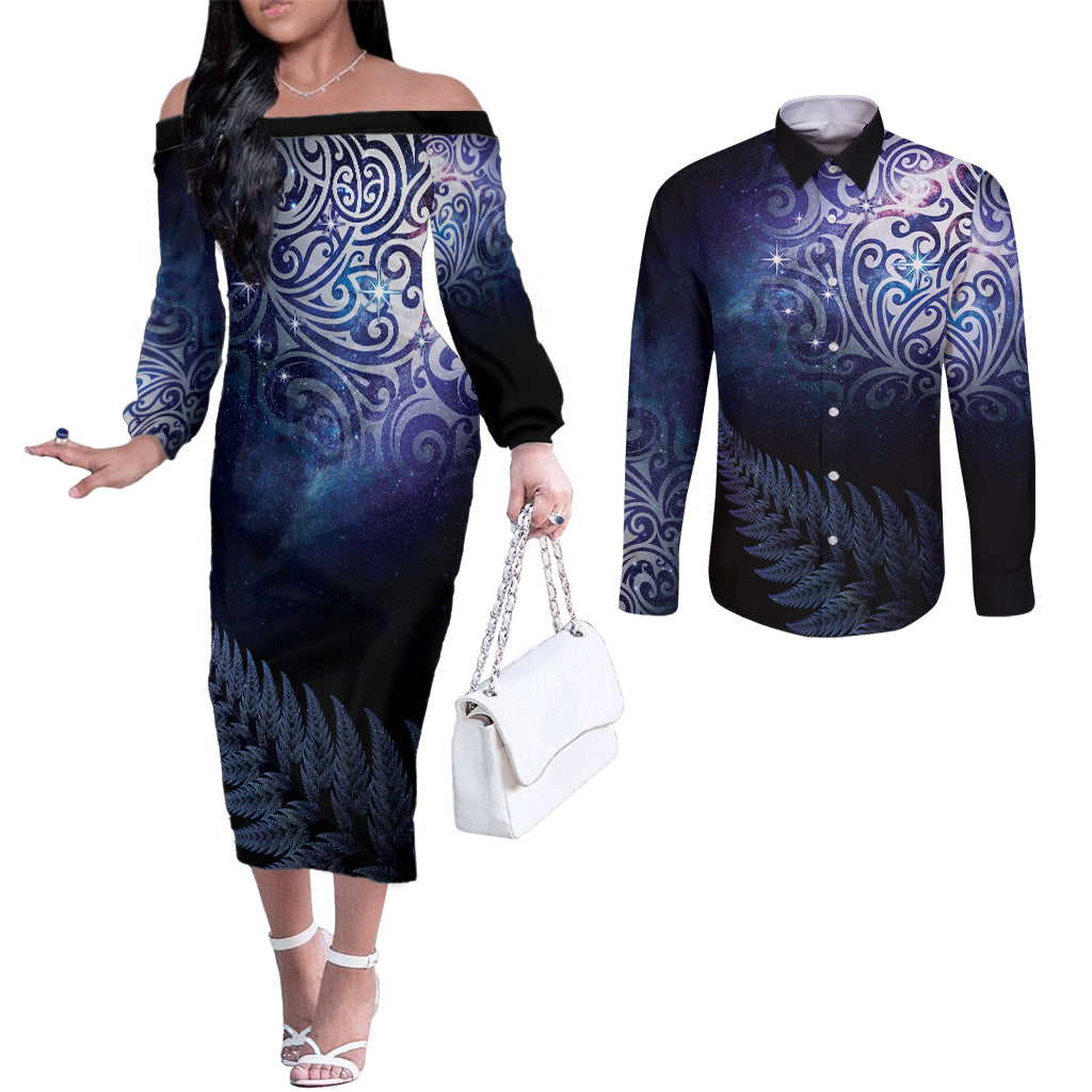 New Zealand Aotearoa Matariki Couples Matching Off The Shoulder Long Sleeve Dress and Long Sleeve Button Shirt Starry Silver Fern LT7 Galaxy - Polynesian Pride