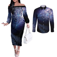 New Zealand Aotearoa Matariki Couples Matching Off The Shoulder Long Sleeve Dress and Long Sleeve Button Shirt Starry Silver Fern LT7 Galaxy - Polynesian Pride