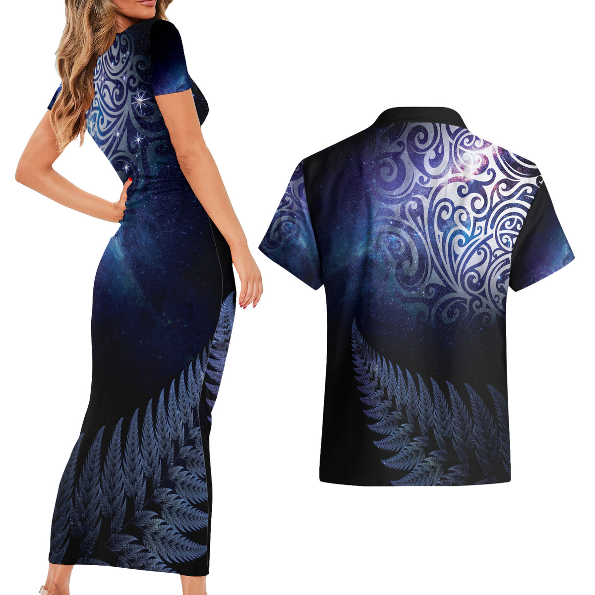 New Zealand Aotearoa Matariki Couples Matching Short Sleeve Bodycon Dress and Hawaiian Shirt Starry Silver Fern LT7 - Polynesian Pride