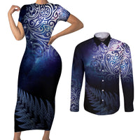 New Zealand Aotearoa Matariki Couples Matching Short Sleeve Bodycon Dress and Long Sleeve Button Shirt Starry Silver Fern LT7 Galaxy - Polynesian Pride