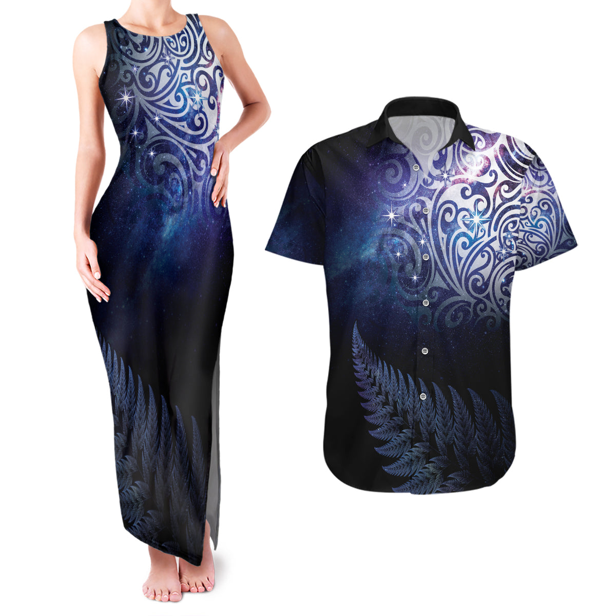 New Zealand Aotearoa Matariki Couples Matching Tank Maxi Dress and Hawaiian Shirt Starry Silver Fern LT7 Galaxy - Polynesian Pride