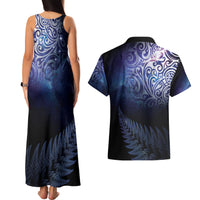New Zealand Aotearoa Matariki Couples Matching Tank Maxi Dress and Hawaiian Shirt Starry Silver Fern LT7 - Polynesian Pride