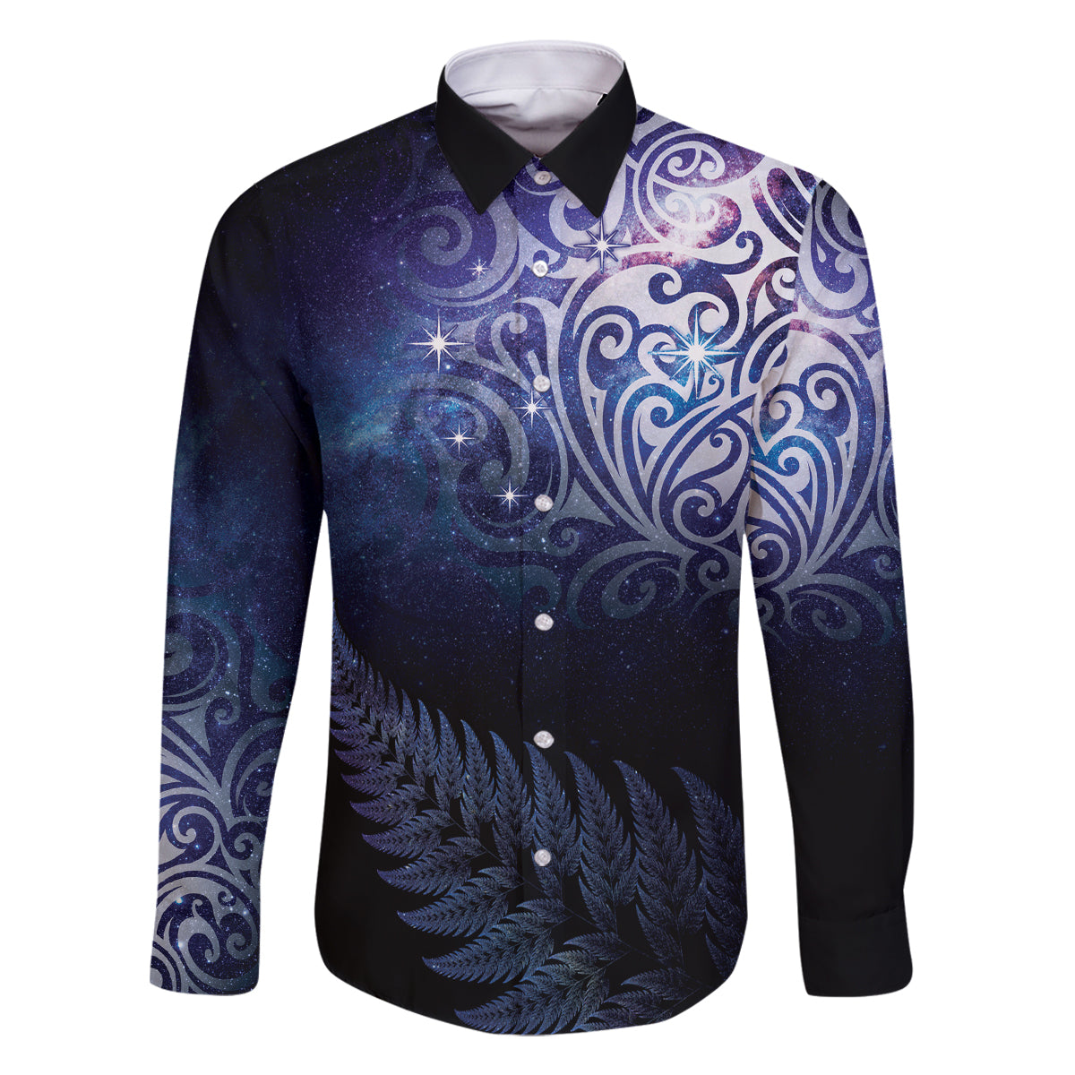 New Zealand Aotearoa Matariki Family Matching Mermaid Dress and Hawaiian Shirt Starry Silver Fern LT7 Dad's Shirt - Long Sleeve Galaxy - Polynesian Pride